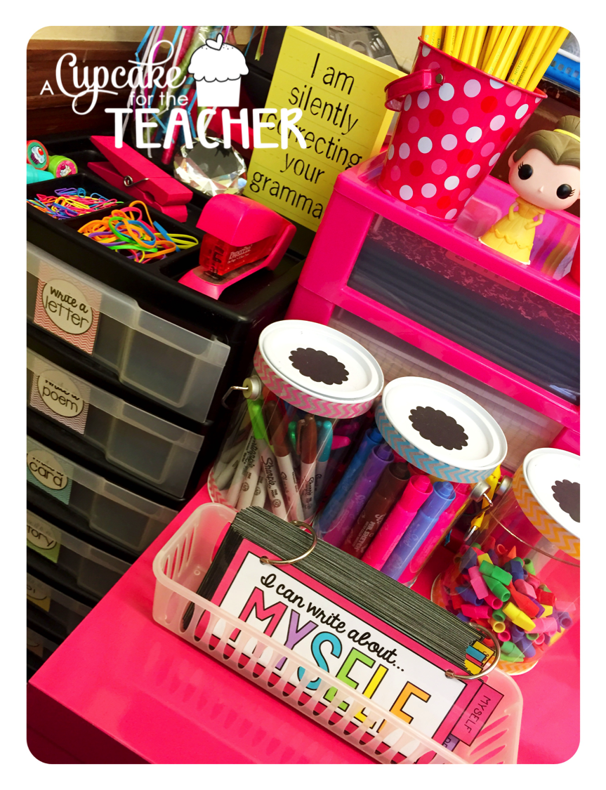A peek at my elementary writing center and how I store my writing topic cards.
